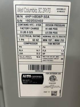 4hp14b36p Allied 3 Ton Split-system Heat Pump 208-230/60/1 R410a 14 Seer