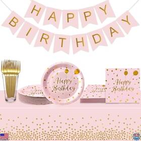 B0dnhqymg7 Brand Wxldghq 35 Guests Pink Gold Birthday Party Supplies Plates Napkins Forks Tablecloths