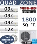 Quad Zone Ductless Mini Split Air Conditioner Heat Pump : 9000 X 3 + 12000 Btu. Fixed Price $2931.82.