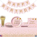 35 Guests Pink Gold Birthday Party Supplies Plates Napkins Forks Tablecloths. Fixed Price $31.18.